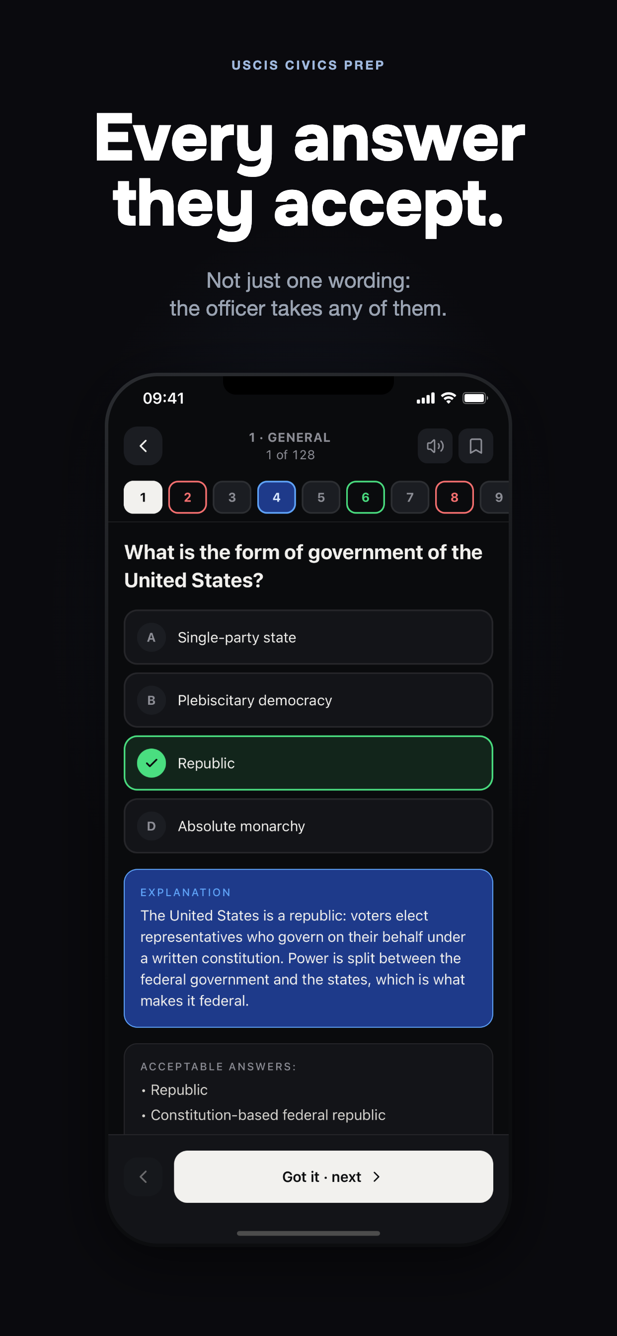 A civics question answered in multiple choice, with the explanation and the full list of acceptable answers.